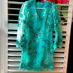 Elegant Teal Floral Embroidered Dress with detachable slip. New !
